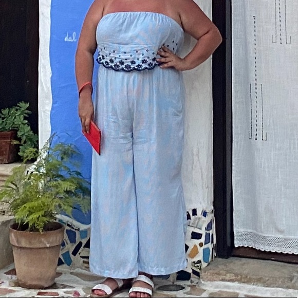 Jessica Simpson strapless blue stripe jumpsuit - Picture 8 of 10